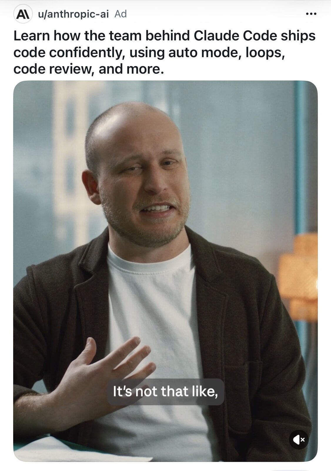 Interview still from a Claude Code advert